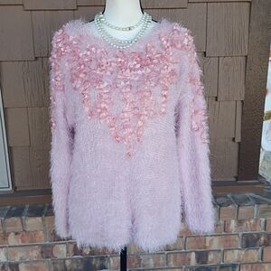 Ruby Rd. Pastel Pink Fuzzy Eyelash Knit Metallic Shimmery Floral Petals Sweater